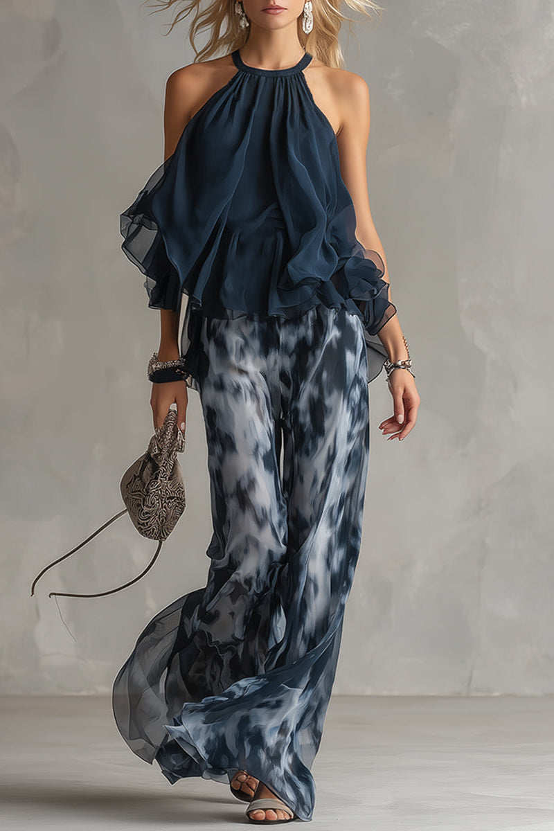 Celeste | Elegancki szyfonowy komplet z bluzką z wysokim dekoltem i spodniami z szerokimi nogawkami we wzory
